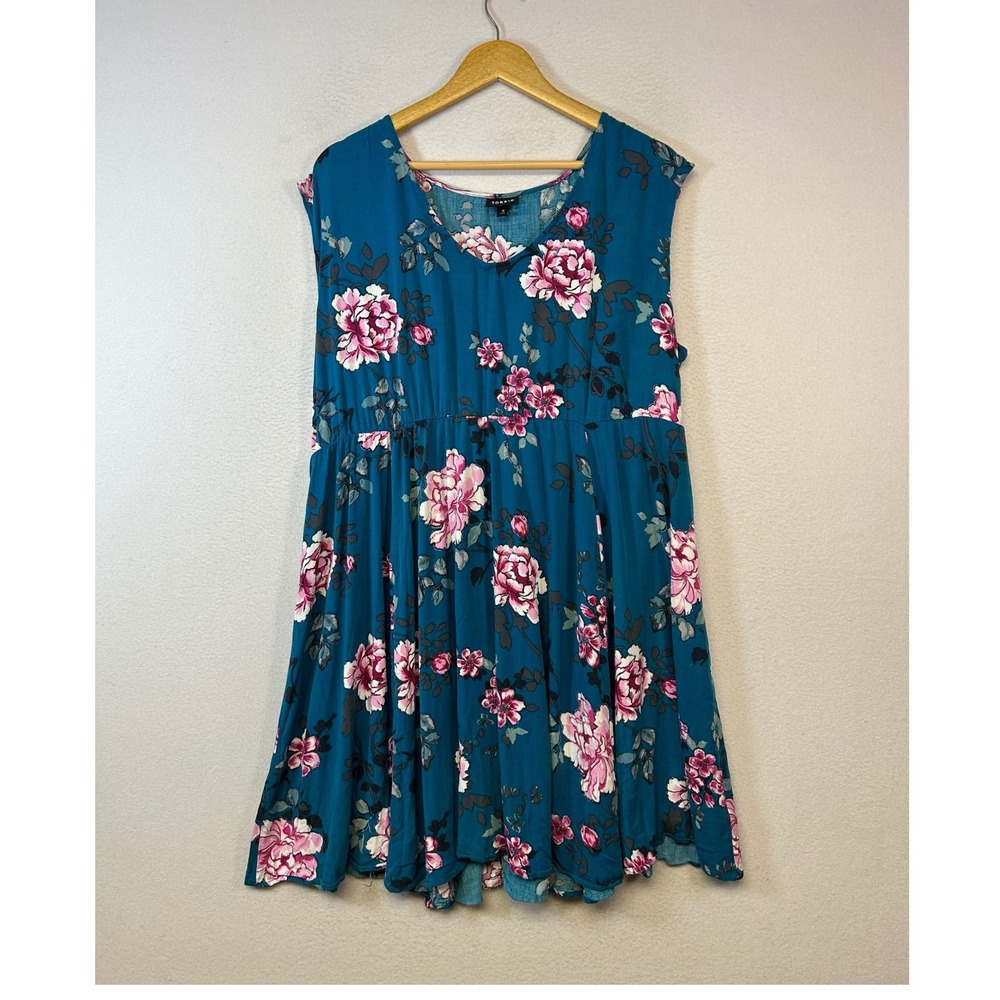 Cottagecore Boho Torrid Womens 2 Teal Pink Floral Empire Waist Sleeveless Dress